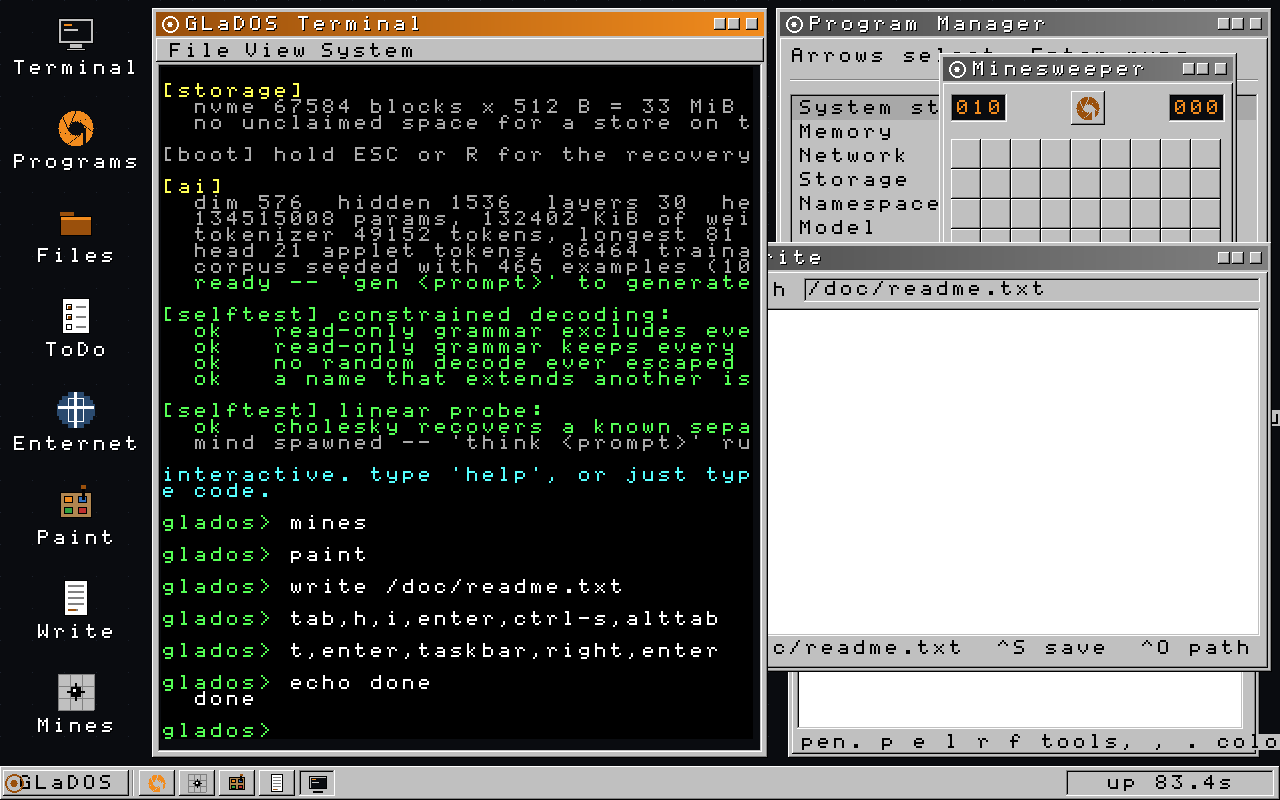 GLaDOS desktop with Minesweeper, a text editor and a paint program in overlapping windows