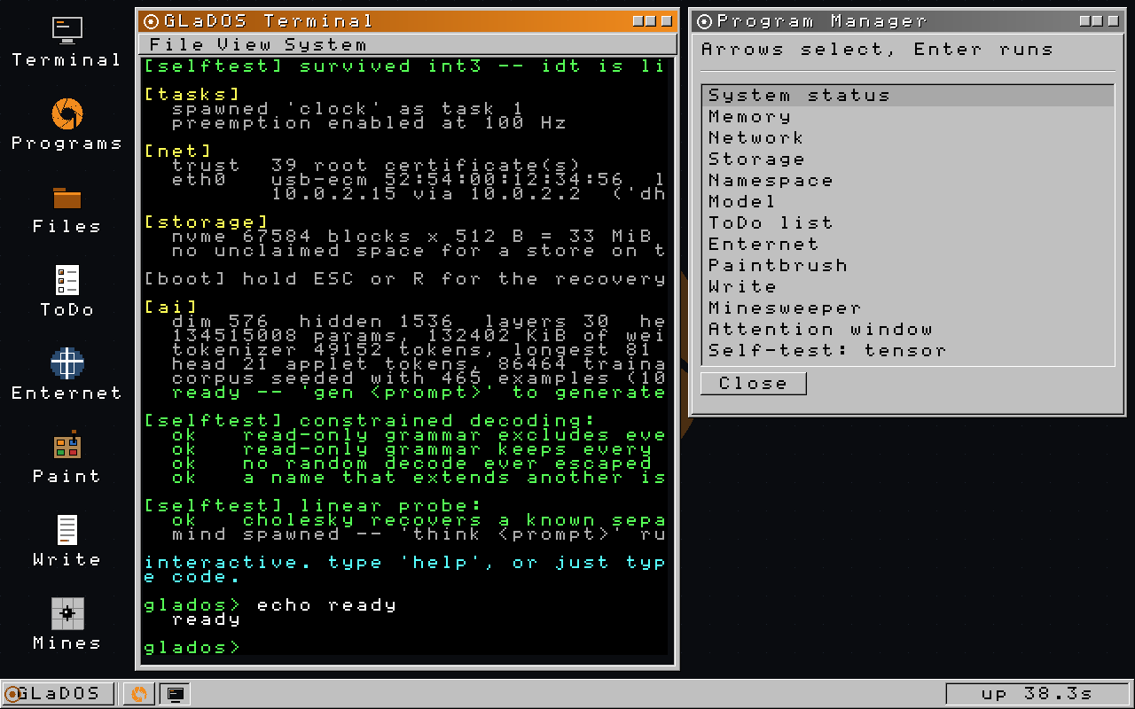GLaDOS OS desktop showing a 98-styled terminal window with the boot log, desktop icons, a Program Manager window, and an icon taskbar with a Start button