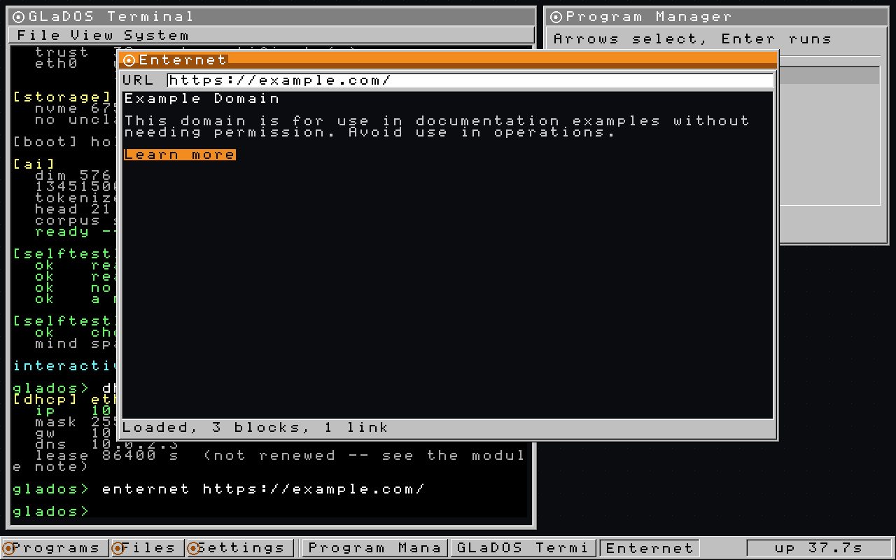 A small web browser window in GLaDOS displaying example.com, fetched over the kernel's own TLS 1.3 connection