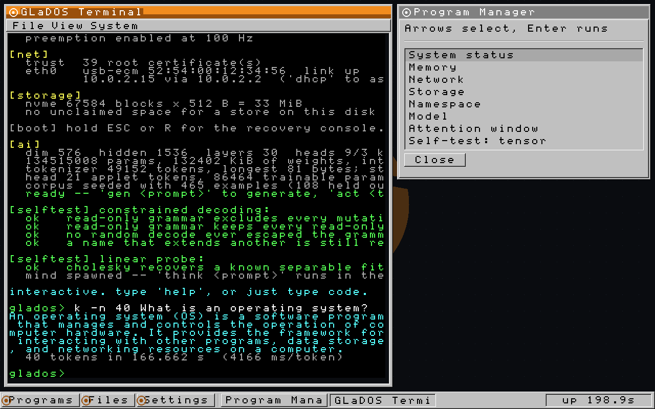 GLaDOS running a language model in kernel space, answering a question about operating systems