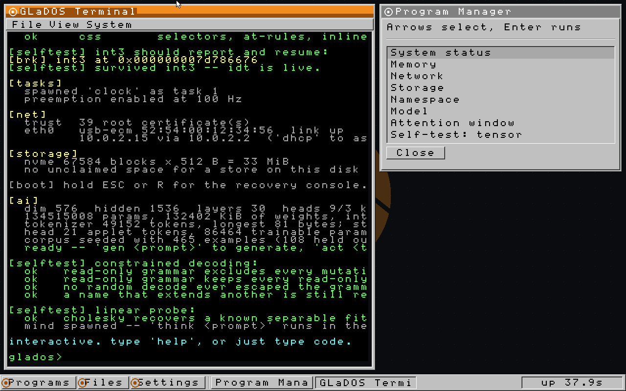 The GLaDOS desktop with a mouse cursor and the Program Manager system status list open