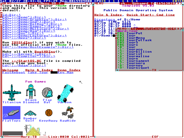 A TempleOS desktop screenshot showing its text-mode interface